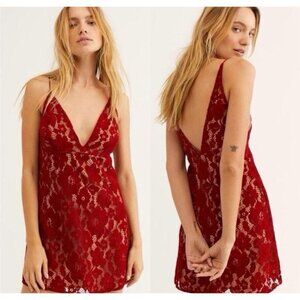 Free People Dangerous Love Dress Women Size 0 Red Lace Slip Valentine Romantic